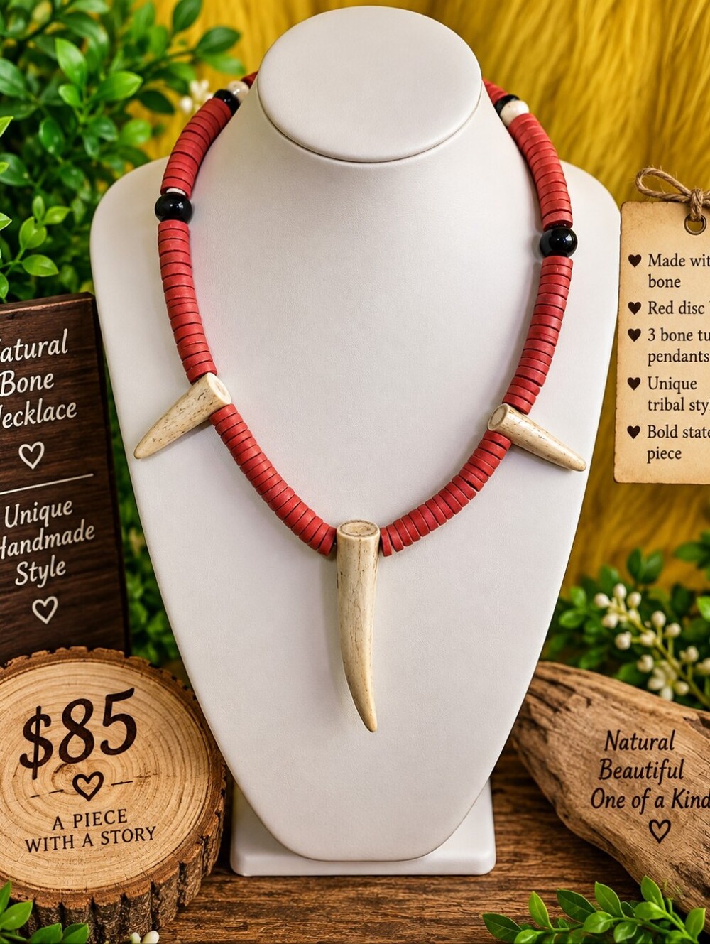 Bone Bead Necklace with 3 Bone Tusk Pendants – Red Tribal Style – $85